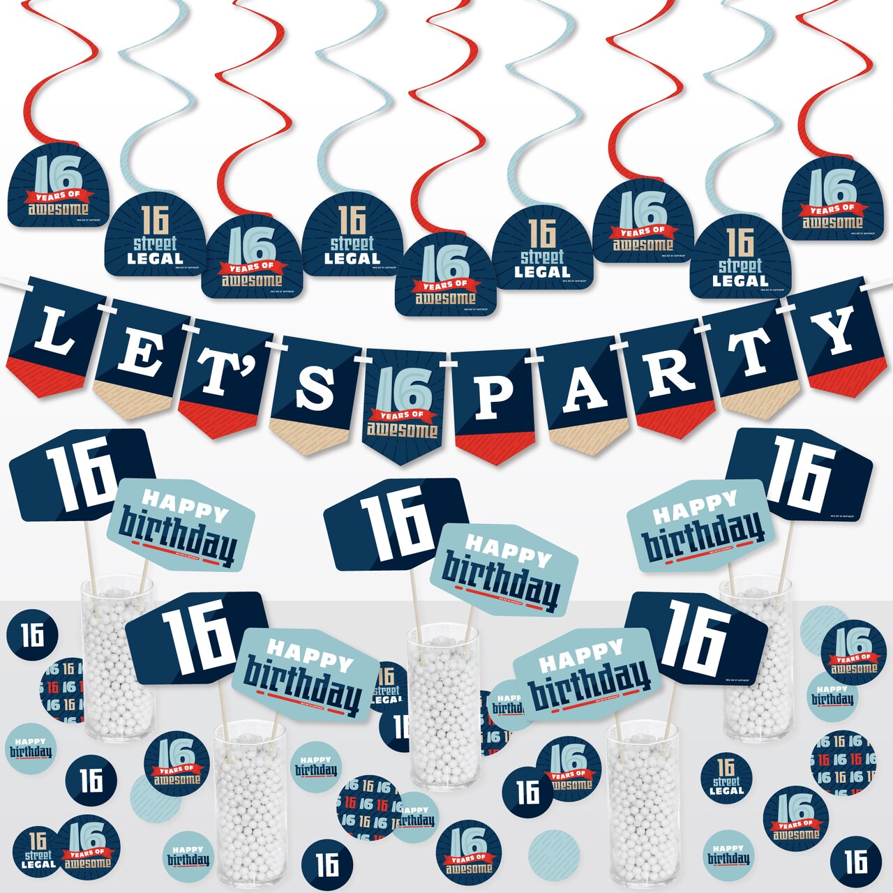 Big Dot of Happiness Boy 16th Birthday - Sweet Sixteen Birthday Party Supplies Decoration Kit - Decor Galore Party Pack - 51 Pieces